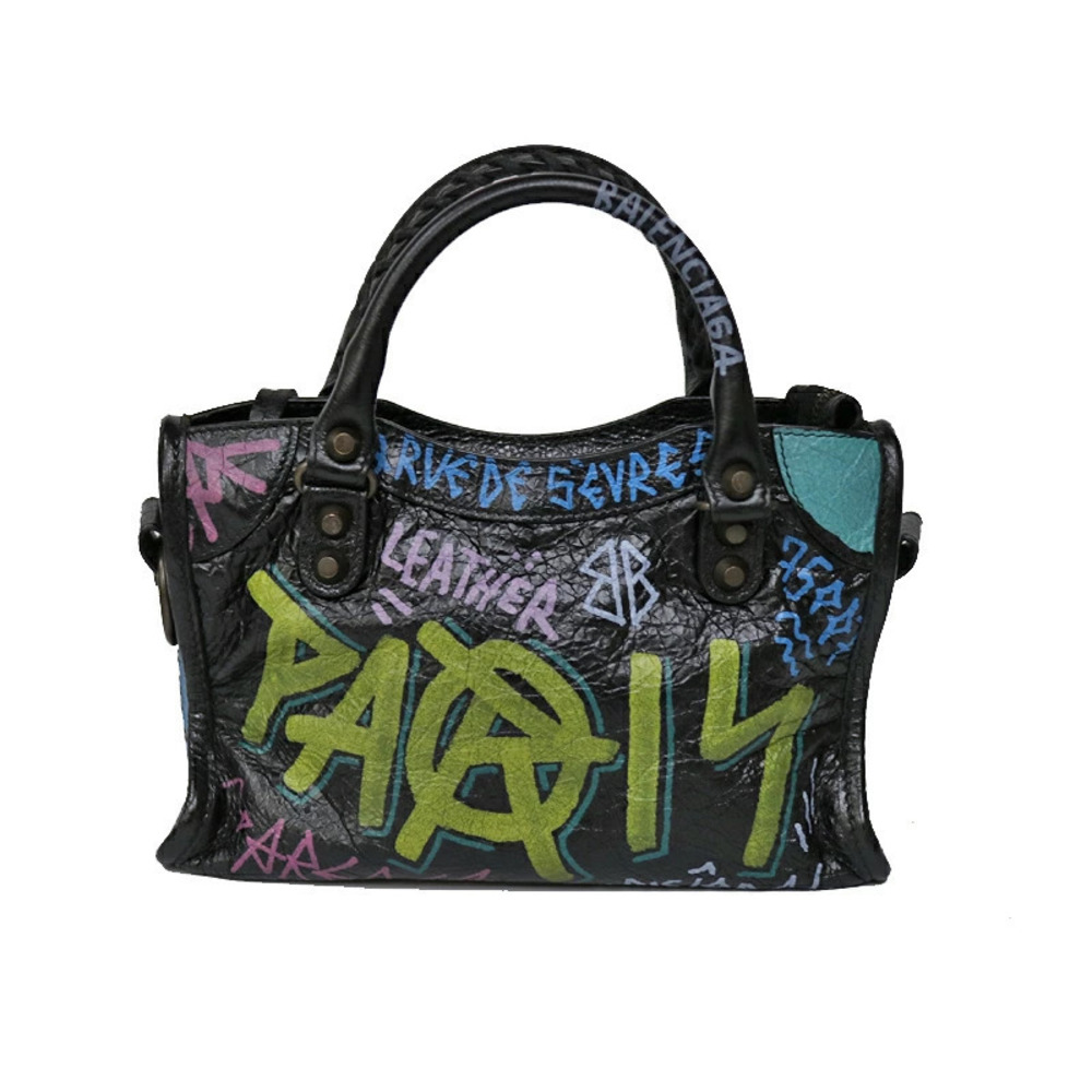 Balenciaga Shoulder Graffiti Handbag Black City Paint Leather